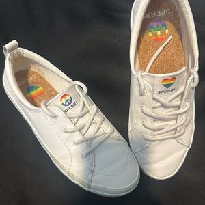 Sperry White Leather Lace-Up Sneakers with Rainbow Heart and Peace Patch